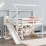 Pinovk Twin Size Wood House Loft bed with Slide, Storage shelves and Light, White