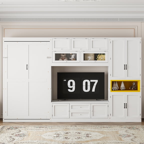 Pinovk Twin Size Wooden Murphy Bed with TV Stand, 2 Drawers, Shelves, and Cabinets, White