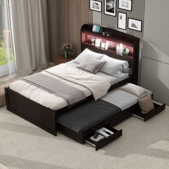 Pinovk Twin XL Size Platform Bed with Storage LED Headboard, Charging Station, Twin Size Trundle and 2 Drawers, Dark Brown