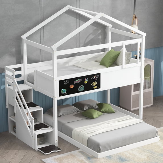 Pinovk Twin over Full House Bunk Bed with Storage Staircase and Blackboard,White(Old SKU: GX001701AAK)