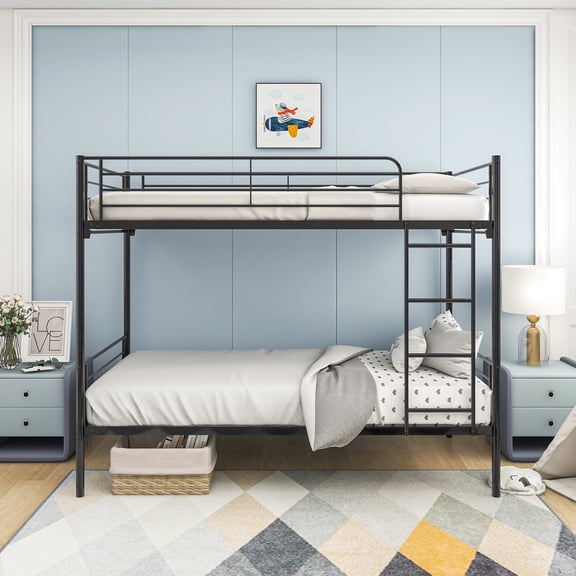 Pinovk Twin over Twin Bunk Bed, Metal Frame with Ladder