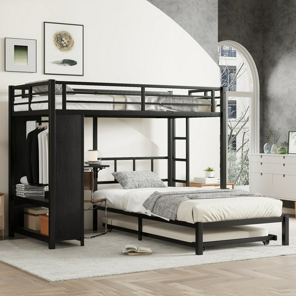 Pinovk Twin over Twin Bunk Bed with Built-in Wardrobe, Metal Bunk Bed with Trundle, Foldable Desk, Ladders, Noise-reduced design, Black