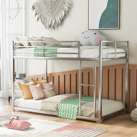 Pinovk Twin over Twin Metal Bunk Bed, Low Bunk Bed with Ladder,Silver(OLD SKU:WF282465AAN)