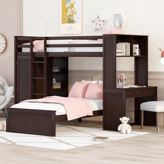 Pinovk Twin size Loft Bed with a Stand-alone bed, Shelves,Desk,and Wardrobe-Espresso