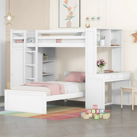 Pinovk Twin size Loft Bed with a Stand-alone bed, Shelves,Desk,and Wardrobe-White