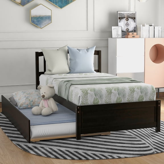 Pinovk Twin size Platform Bed Wood Bed Frame with Trundle, Espresso