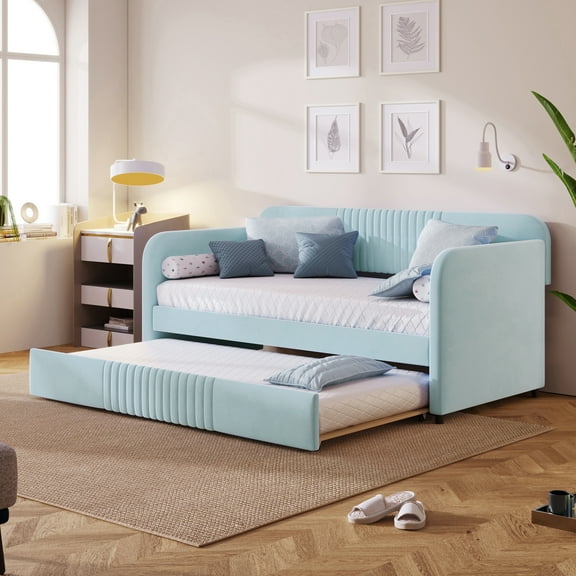 Pinovk Upholstered Daybed Sofa Bed Twin Size With Trundle Bed and Wood Slat, Light Blue(Old sku: LP000127AAC)