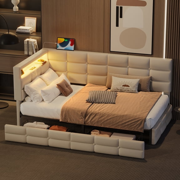 Pinovk Upholstered Twin Size Daybed with Storage 2 Drawers and Charging Station, Day Bed Frame with LED Lights and Storage Headboard, No Box-Spring Needed, Beige