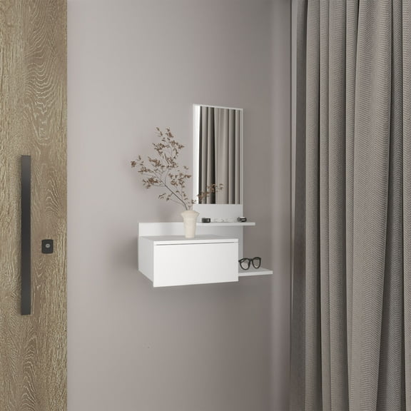 Pinovk Vienna 23.6" Wide 3-Tier Shelf Floating Mirror Console Table, Full Extension Drawer White