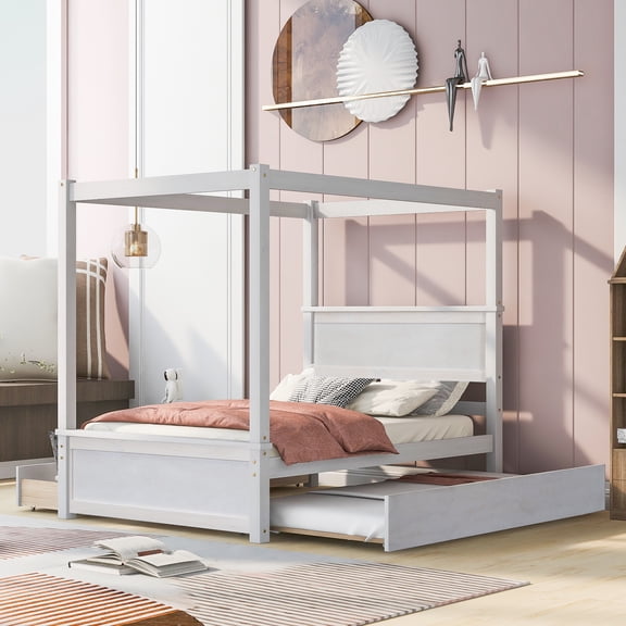 Pinovk Wood Canopy Bed with Trundle Bed and two Drawers ,Full Size Canopy Platform bed With Support Slats .No Box Spring Needed, Brushed White