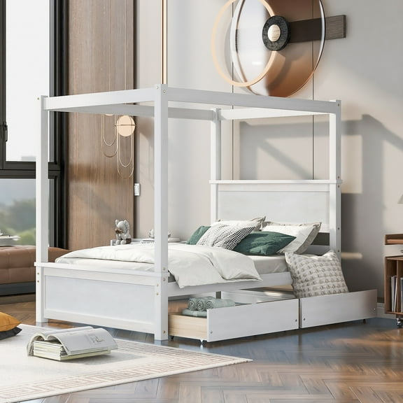 Pinovk Wood Canopy Bed with two Drawers, Full Size Canopy Platform bed With Support Slats .No Box Spring Needed, Brushed White