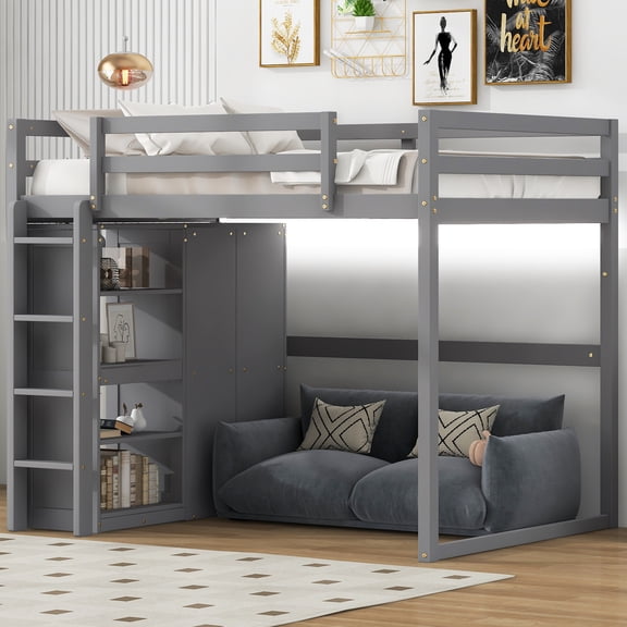 Pinovk Wood Full Size Loft Bed with Built-in Wardrobe and Storage Shelves, Led light, Gray