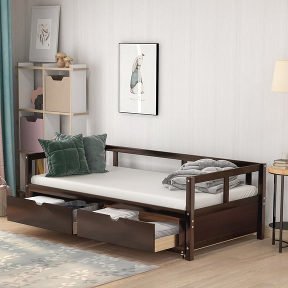 Pinovk Wooden Daybed with Trundle Bed and Two Storage Drawers , Extendable Bed Daybed,Sofa Bed for Bedroom Living Room,Espresso(OLD SKU: WF194973AAP)