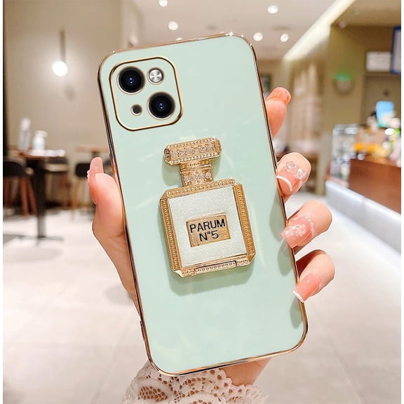 Pinsai for iPhone 13 case Green with makeup mirror stand for cute girls women with girly luxury elegant design Funda