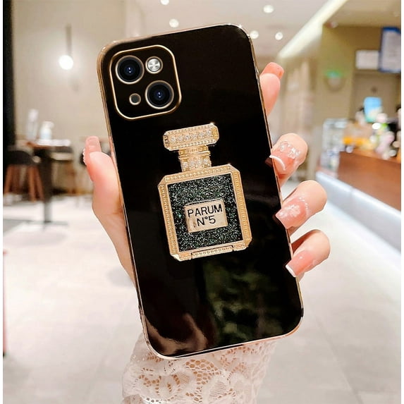 Pinsai for iPhone 15 case black with makeup mirror stand for cute girls women with girly luxury elegant design Funda