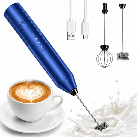 Pinshey® Rechargeable Milk Frother Handheld, 3-Speed Electric Coffee Frother Wand with 2 Stainless Steel Whisks, Handheld Drink Mixer for Lattes, Cappuccino, Hot Chocolate, Eggs and Cream, Blue