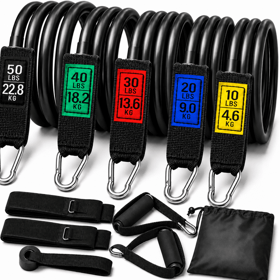Pinshey Resistance Bands Set with Handles, Up to 150 lbs Stackable Exercise Bands with Door Anchor, Ankle Straps, Carry Bag, Workout Bands for Home Gym, Fitness, Strength Training, Physical Therapy