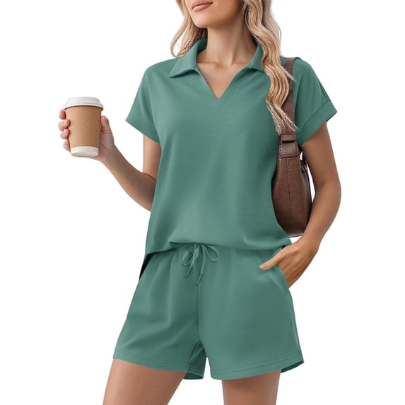 Pinspark 2 Piece Sets for Women Short Sleeve Sweatsuits V Neck Pullover Tops High Waist Shorts Lounge Sets with 2 Pockets Casual Tracksuit Outfits