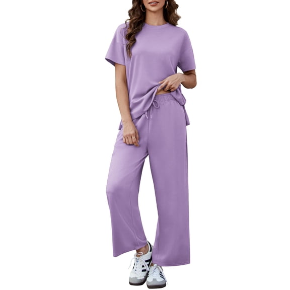 Pinspark 2 Piece Sets for Women Soft Short Sleeve Tracksuit Wide Leg Pants Lounge Matching Set Travel Summer Outfits