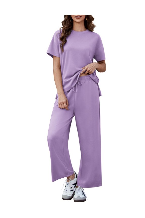 2 Piece Sets for Women Soft Short Sleeve Tracksuit Wide Leg Pants Lounge Matching Set Travel Summer Outfits
