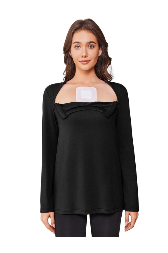 Chemo Shirts for Women Chemotherapy Must Haves Port Access 2 Side Zippers Long Sleeve Shoulder Post Surgery Shirt