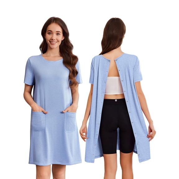 Pinspark Hospital Gowns for Women Open Back Tear Away Short Sleeve Dress Snap Open Post Surgery Adaptive Nightgown with Pockets