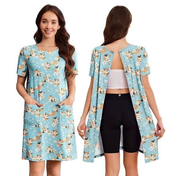 Pinspark Hospital Gowns for Women Open Back Tear Away Short Sleeve Dress Snap Open Post Surgery Adaptive Nightgown with Pockets