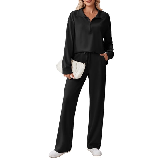 Pinspark Lounge Sets for Women Side Slit Sweatshirt Straight Leg Sweatpants with Pockets 2 Piece Matching Set Fall Fashion Sweatsuit Activewear Tracksuit