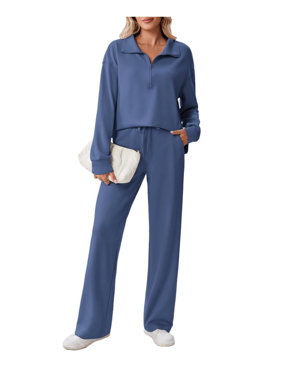 Lounge Sets for Women Side Slit Sweatshirt Straight Leg Sweatpants with Pockets 2 Piece Matching Set Fall Fashion Sweatsuit Activewear Tracksuit