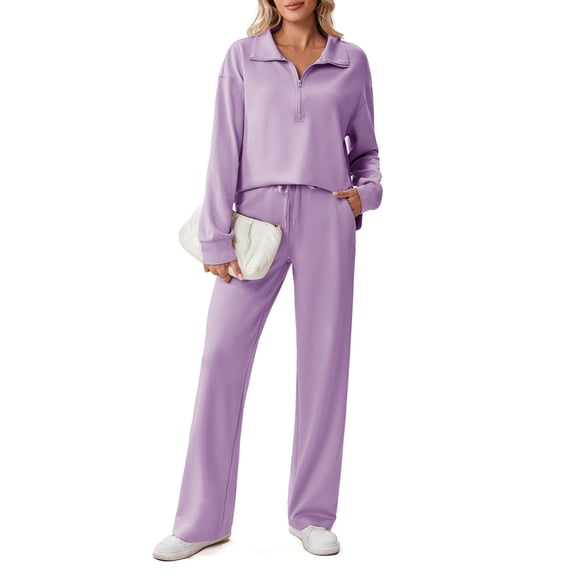 Pinspark Lounge Sets for Women Side Slit Sweatshirt Straight Leg Sweatpants with Pockets 2 Piece Matching Set Fall Fashion Sweatsuit Activewear Tracksuit