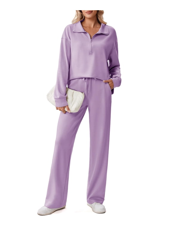 Lounge Sets for Women Side Slit Sweatshirt Straight Leg Sweatpants with Pockets 2 Piece Matching Set Fall Fashion Sweatsuit Activewear Tracksuit