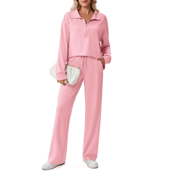 Pinspark Lounge Sets for Women Side Slit Sweatshirt Straight Leg Sweatpants with Pockets 2 Piece Matching Set Fall Fashion Sweatsuit Activewear Tracksuit