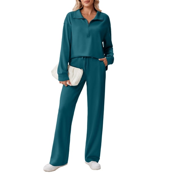 Pinspark Lounge Sets for Women Side Slit Sweatshirt Straight Leg Sweatpants with Pockets 2 Piece Matching Set Fall Fashion Sweatsuit Activewear Tracksuit