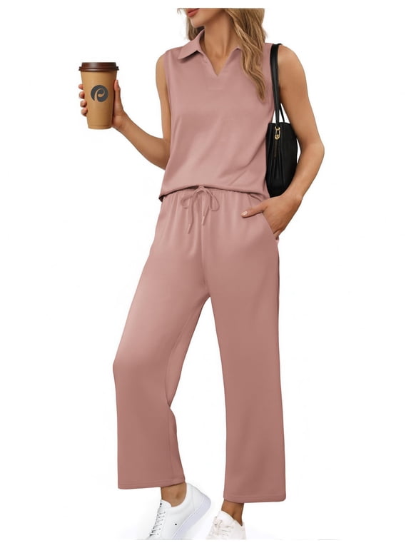 Lounge Sets for Women 2 Piece Sleeveless V Neck with Side Slits Top and Nine Point Pants with Pockets Outfits Summer