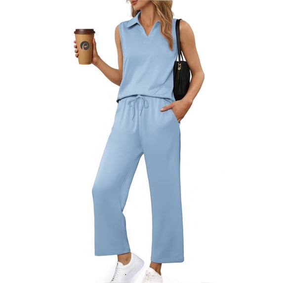 Pinspark Lounge Sets for Women 2 Piece Sleeveless V Neck with Side Slits Top and Nine Point Pants with Pockets Outfits Summer
