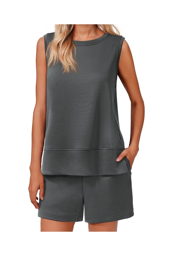 Lounge Sets for Women Crew Neck Sweatsuits Drawstring Shorts Two Piece Set with Pockets Travel Airport Outfits Tracksuits