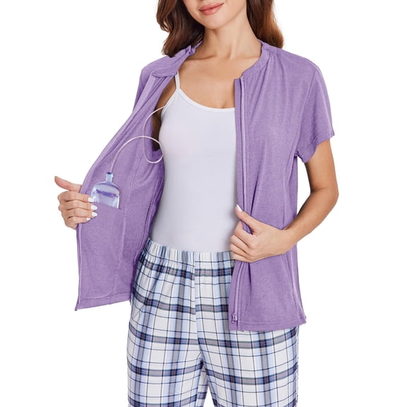 Pinspark Mastectomy Shirts with Drain Pockets Post Shoulder Surgery Tops for Women Chemo Port Short Sleeve with Zippers