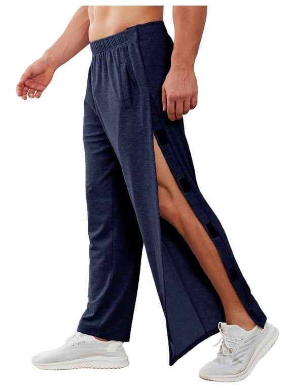 Men' Tear Away Pants 2 Side Snap Open Bottom Sweatpants Loose Fit Casual Post Surgery Pants with Pockets Deep Blue