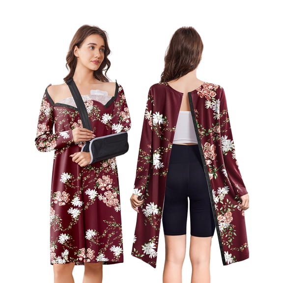 Pinspark Open Back Hospital Gowns for Women Post Shoulder Surgery Tear Away Snap Chemo Port Adaptive Clothing with Pockets