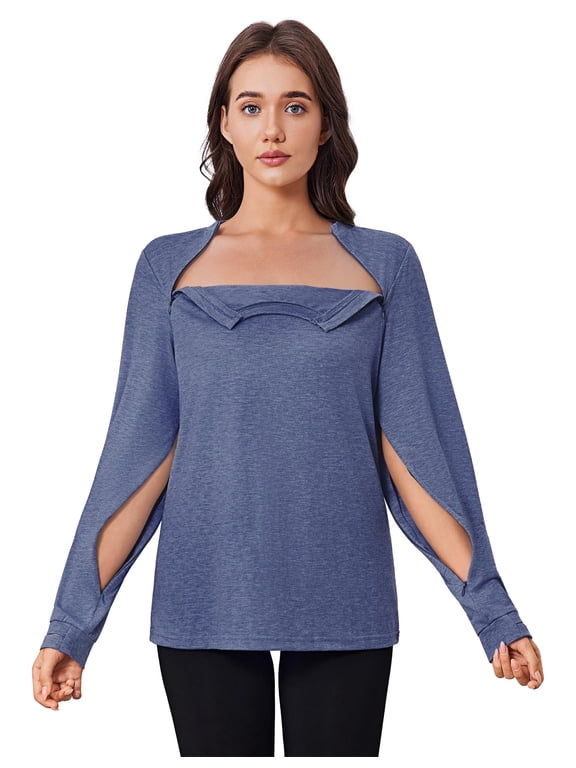 Women's Adaptive Long Sleeve Shirts with Arm Zipper for Chemo Port Access Dialysis and Post Shoulder Surgery