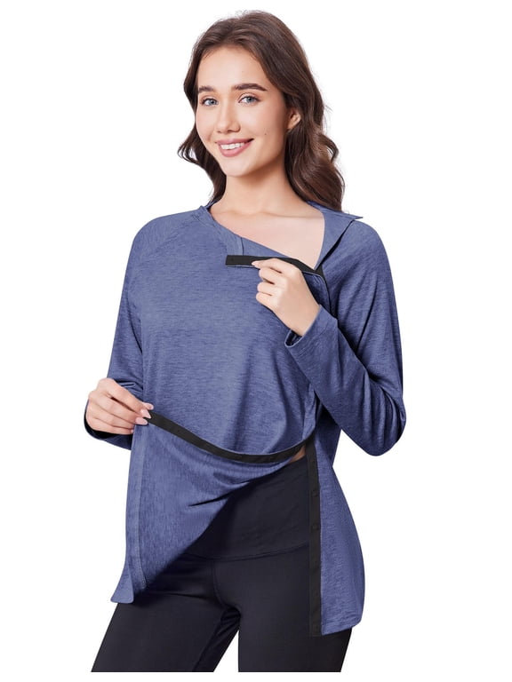 Adaptive Shirts for Women Post Shoulder Surgery Chemo Port Access Long Sleeve Side Snap Closure