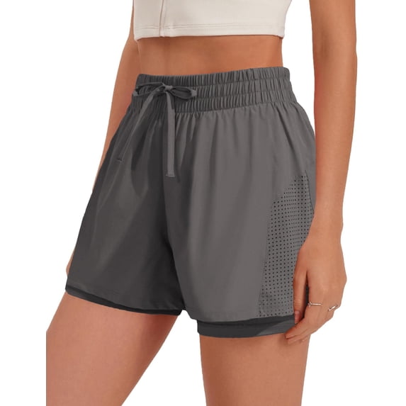 Pinspark Running Shorts for Women Quick Dry Gym Athletic Workout Shorts with Liner 2 Pockets Drawstring High Waisted Short