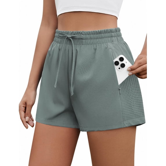 Pinspark Running Shorts for Women Quick Dry Gym Athletic Workout Shorts with Liner 2 Pockets Drawstring High Waisted Short