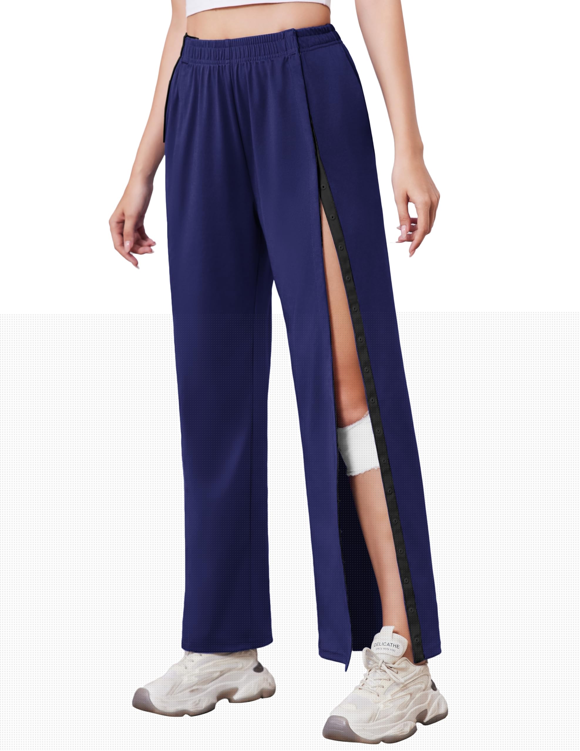 Pinspark Tear Away Pants for Women Side Slit Snap Sweatpants Loose Fit Post Surgery Casual Adaptive Clothing with Pockets