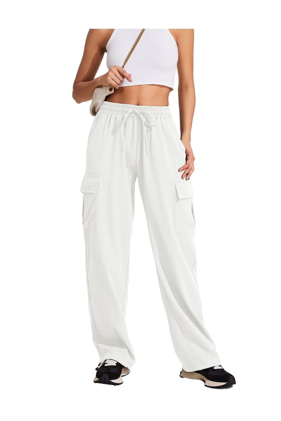 White Cargo Pants Women Quick Dry Hiking Athletic Lightweight Pant Elastic High Waist Casual Travel Jogger Match Y2k Wide Leg with Pockets