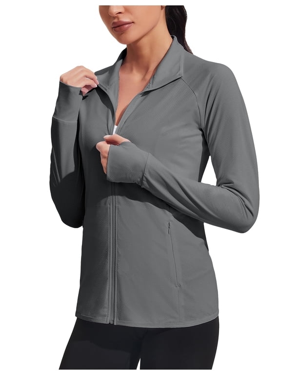 Woman Full Zip UPF 50+ Hoodless Jacket Quick Dry Long Sleeve Sun Shirt Comfy Golf Jackets with Zipper Pockets