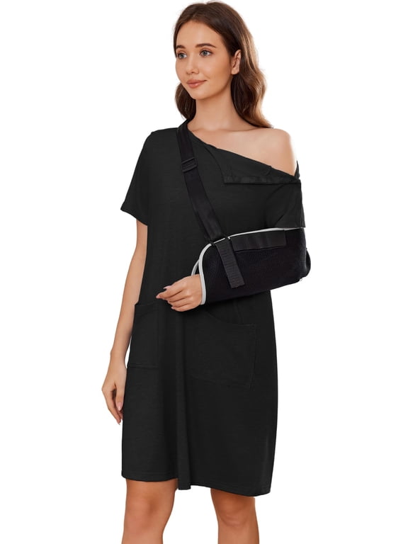 Women' Post Shoulder Surgery dress Tear Away Short Sleeve Full Open Side Snap Adaptive Clothing with Pockets