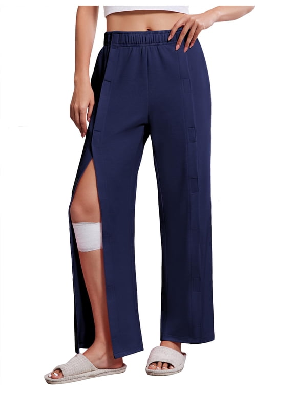 Women' Post Surgery Pants Cotton Tear Away Surgical Pants Rip Off Sweatpants with Pockets for Catherter Bag Cast Leg