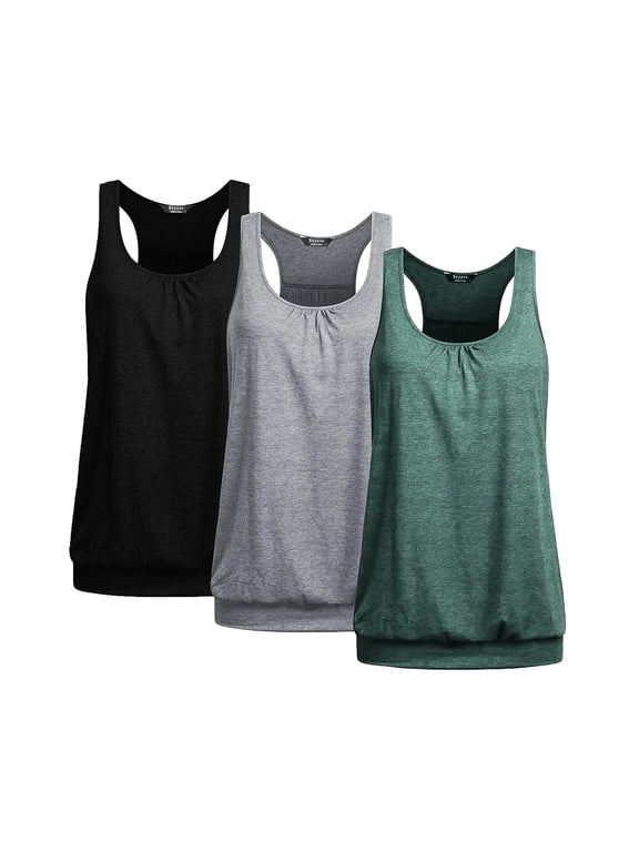 Women's 3 Pack Banded Bottom Workout Tank Tops Tummy Flattering Yoga Shirts Racerback Gym Clothes