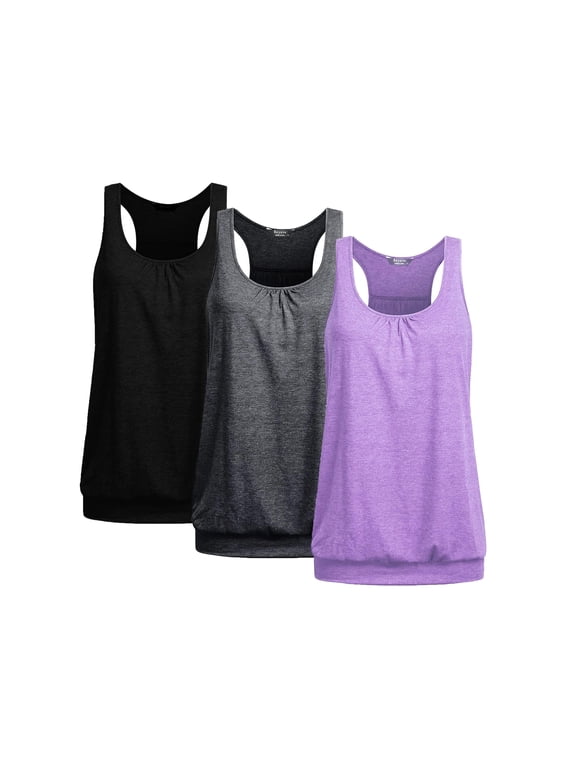 Women's 3 Pack Banded Bottom Workout Tank Tops Tummy Flattering Yoga Shirts Racerback Gym Clothes